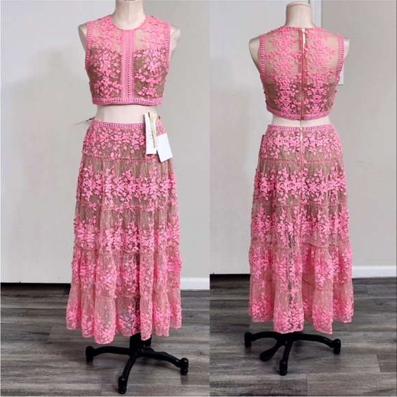 NWOT Bronx and Banco Megan lace floral pink nude two piece set top midi skirt - Picture 3 of 11